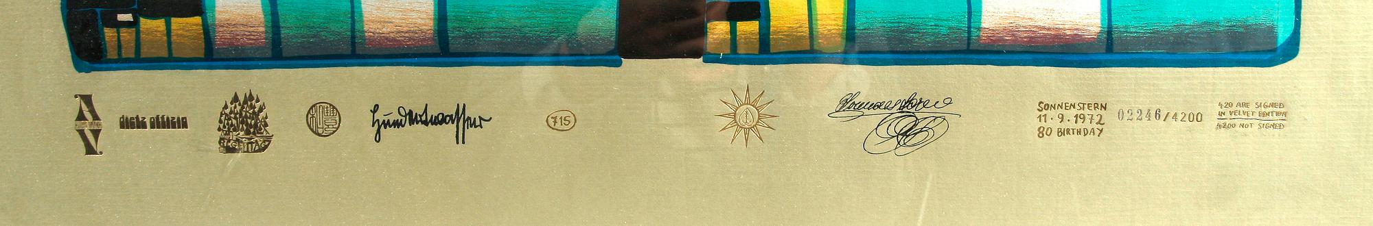 FRIEDENSREICH HUNDERTWASSER, färgserigrafi med metallprägling, stämpelsign och numr 2246/4200.