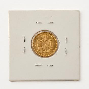 Gold coin, Oscar II, Sweden. 10 kronor, 1874.