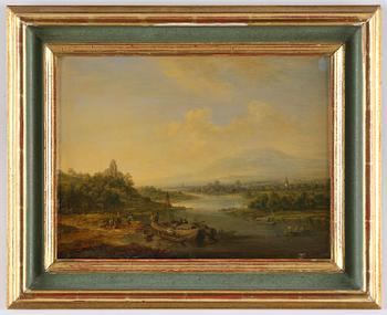 Christian Georg Schütz, Pastorala flodlandskap med figurer och båter, ett par.
