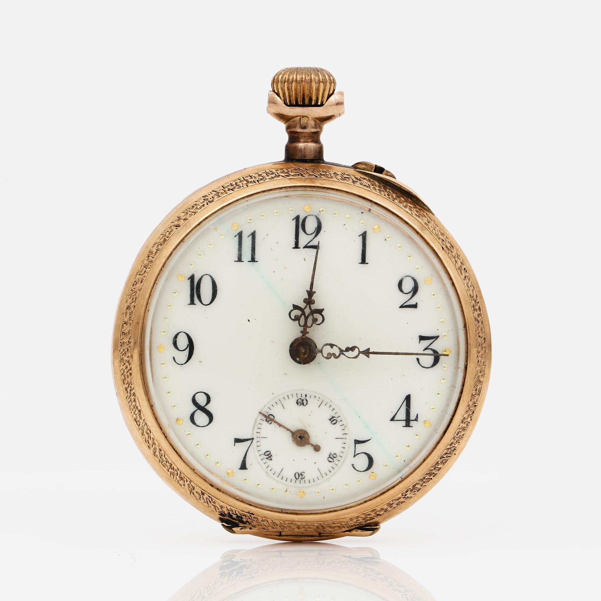 FICKUR, 14K guld, gul metall och emalj, Schweiz, omkring sekelskiftet 1900-tal.