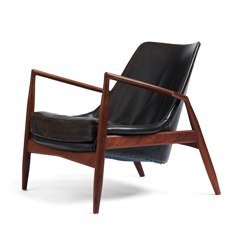 Ib Kofod Larsen, a black leather "Sälen" easy chair, Olof Perssons Fåtöljindustri (OPE), Sweden, 1950-60's.