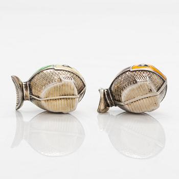 A pair of enamelled sterling silver salt- and pepper shakers, SNM, Norway.