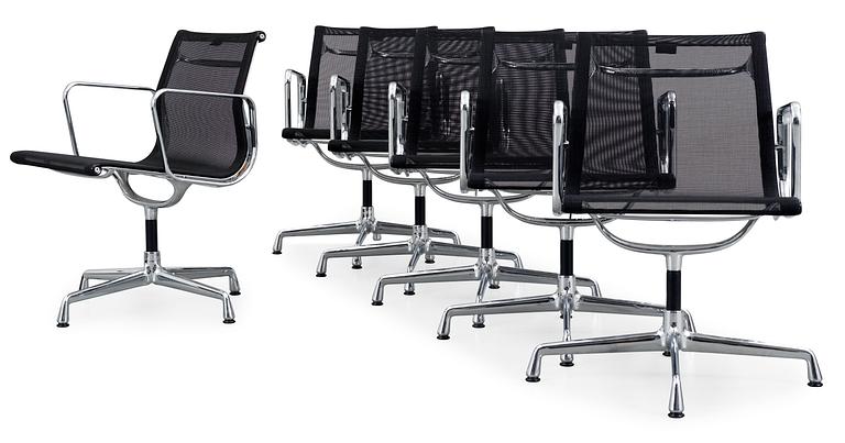 A set of six Charles and Ray Eames 'Aluminium Group chairs EA 108' by Vitra.