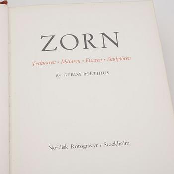 BOK, "Zorn tecknaren, målaren, etsaren, skulptören" av Gerda Boëthius. Stockholm/Nordisk, Rotogravyr, 1949, uppl 1457.