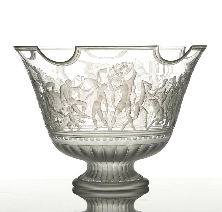 Simon Gate, a Swedish Grace engraved "Bacchus" bowl, Orrefors, Sweden 1926, engraved by Arthur Diessner.