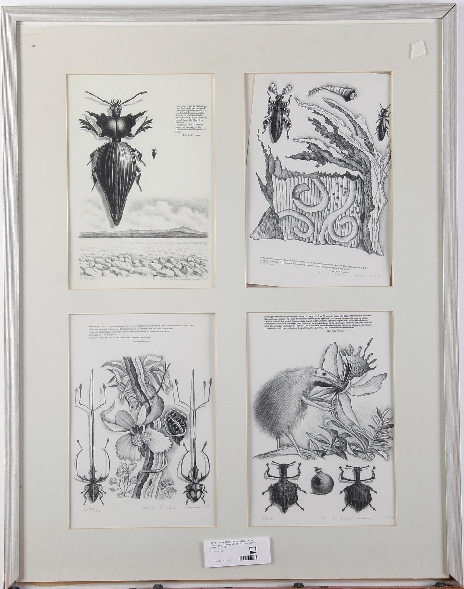 PEHRSON, KARL AXEL, litografier,  4 st i en ram, sign, numr o dat -77-80.
