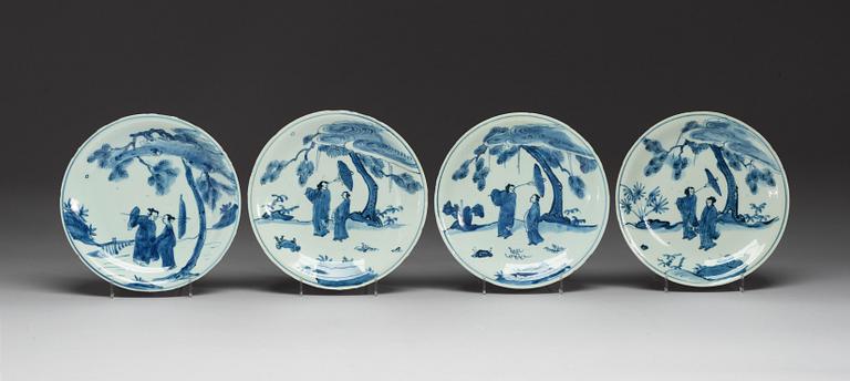 A set of four blue and white dishes, presumably mid 17th Century.