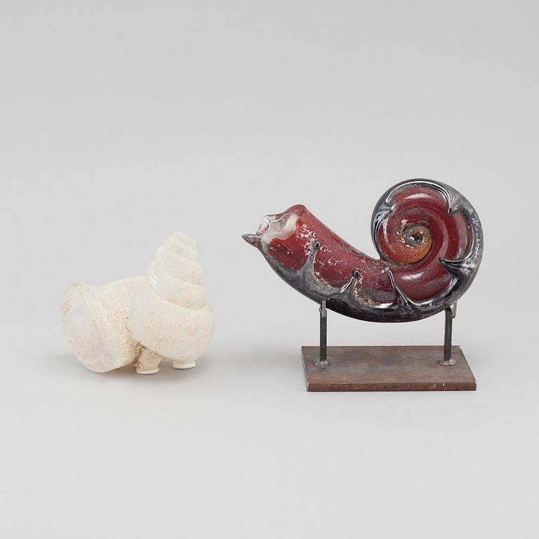 two glass objects, signed.