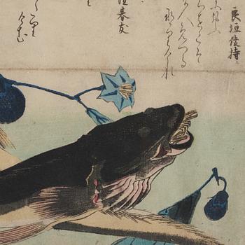 UTAGAWA HIROSHIGE (1797-1858), efter, färgträsnitt. Japan, "Fisk i Vattnet", sent 1800-tal/tidigt 1900-tal.