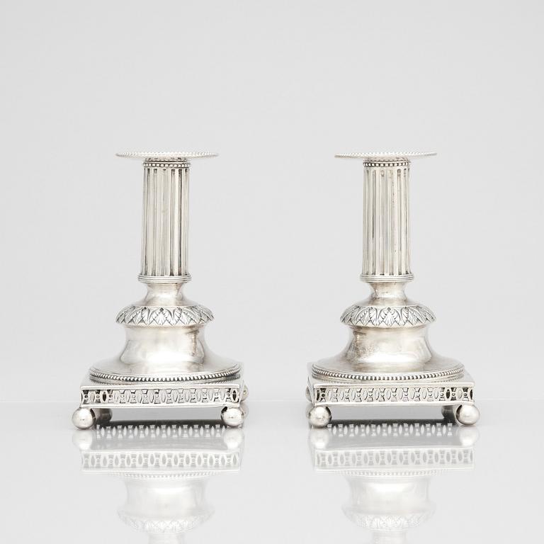 A pair of Swedish Gustavian 18th century silver candlesticks, mark of Mikael Nyberg, Stockholm 1796.