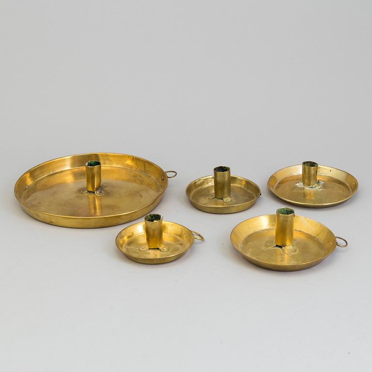 FIVE BRASS CANDLESTICKS, 19th/20th century.