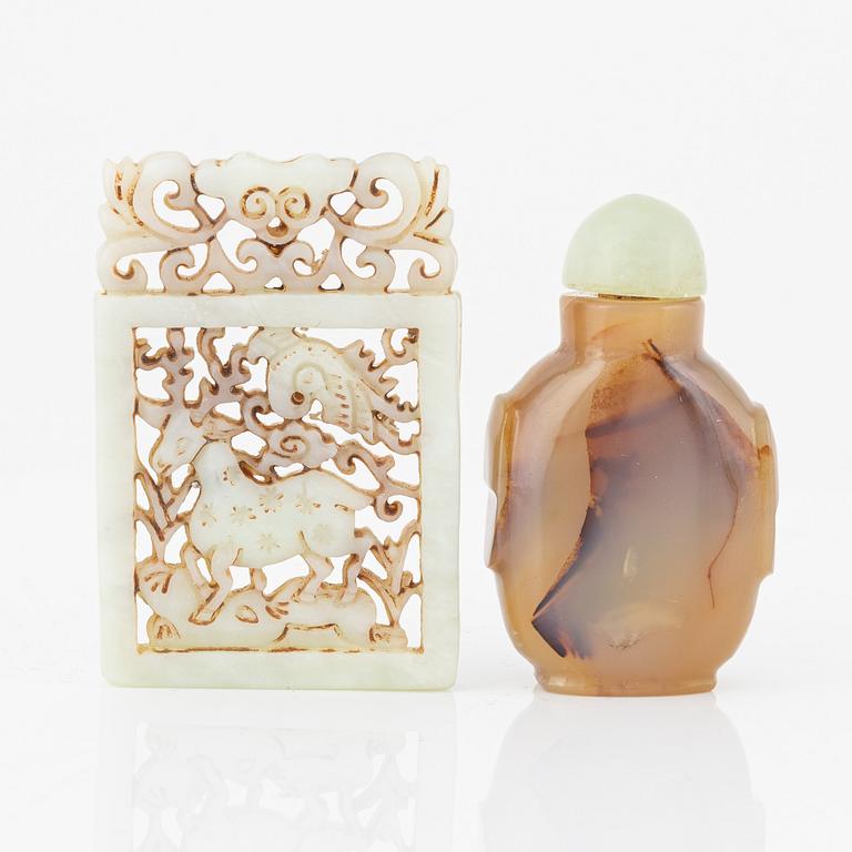 A Chinese agathe snuff bottle with stopper and a nephrite pendant, 20th Century.