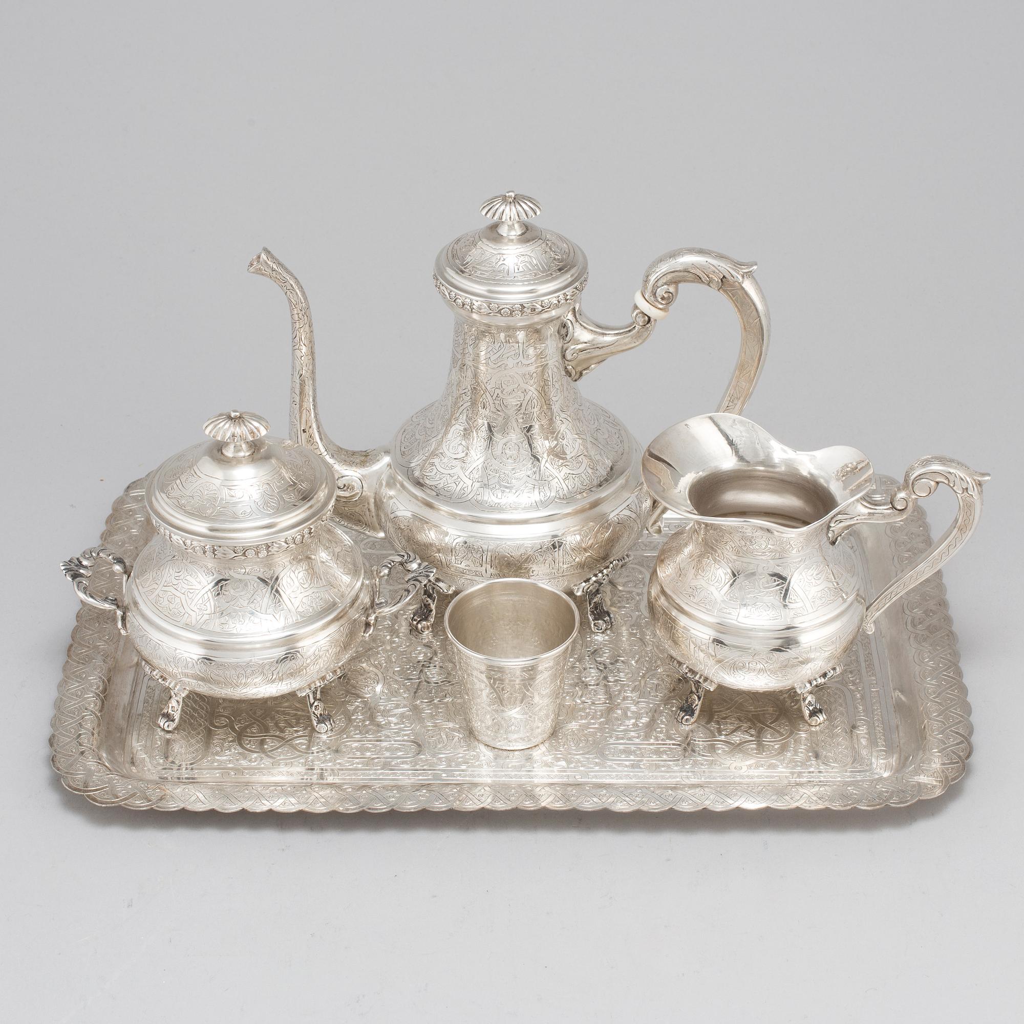 An Egyptian 20th century silver 5 piece tea-set, mark of