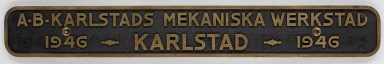 REKLAMSKYLT, mässing, AB Karlstads Mekaniska Verkstad 1946.