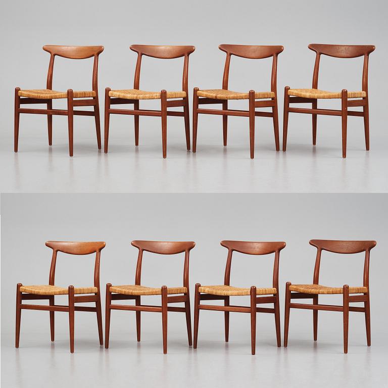 Hans J. Wegner, a set of eight teak chairs, model "W2", C.M. Madsen, Denmark 1950s.