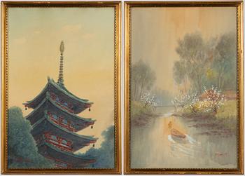 Två japanska akvareller, bl a Y. Matsumoto, 1900-tal.