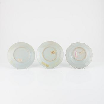 A set of six odd famille rose plates and a small dish, Qing dynasty, Qianlong (1736-95).