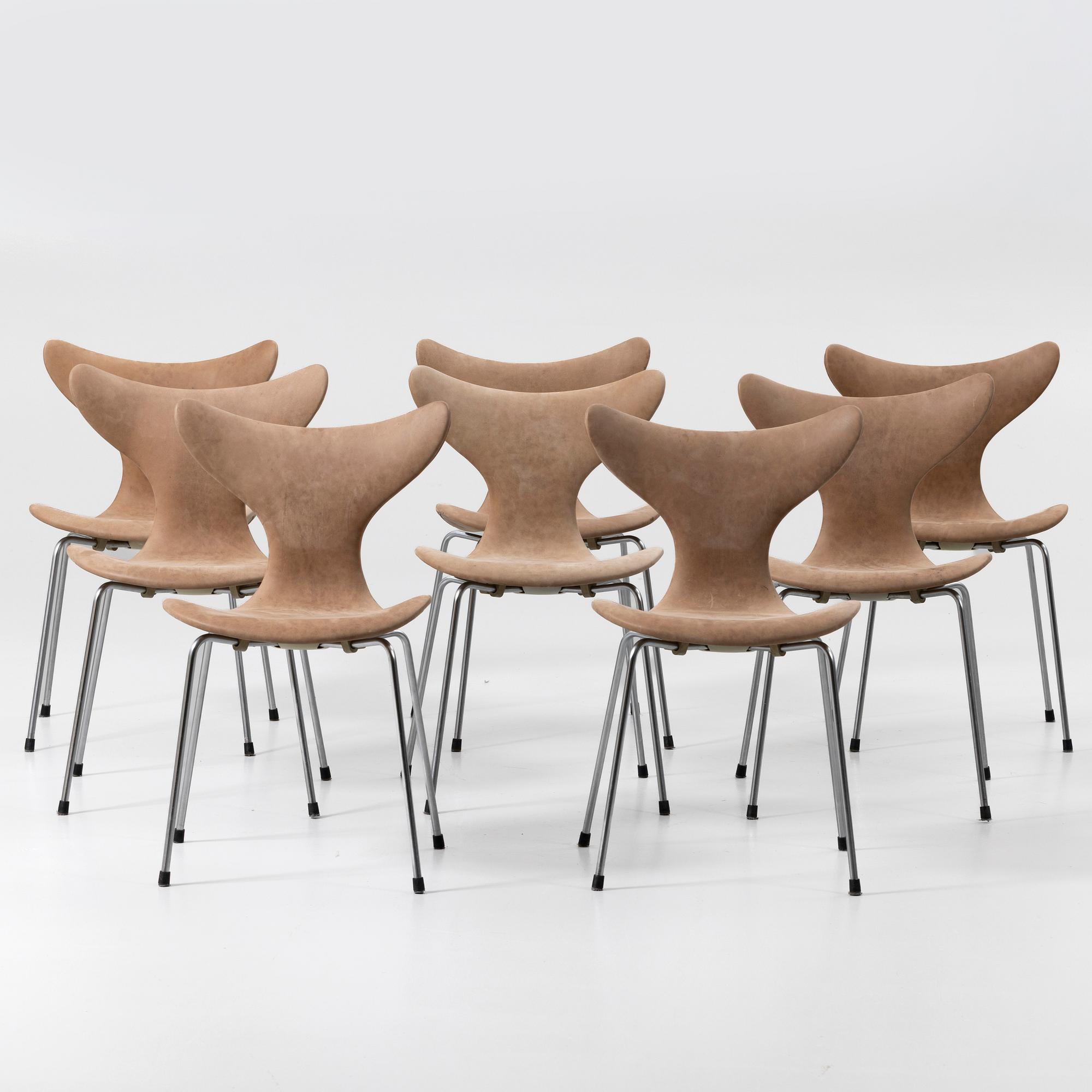 Arne Jacobsen, 8 chairs, “Måsen”/“Liljan”, Fritz Hansen, Denmark.