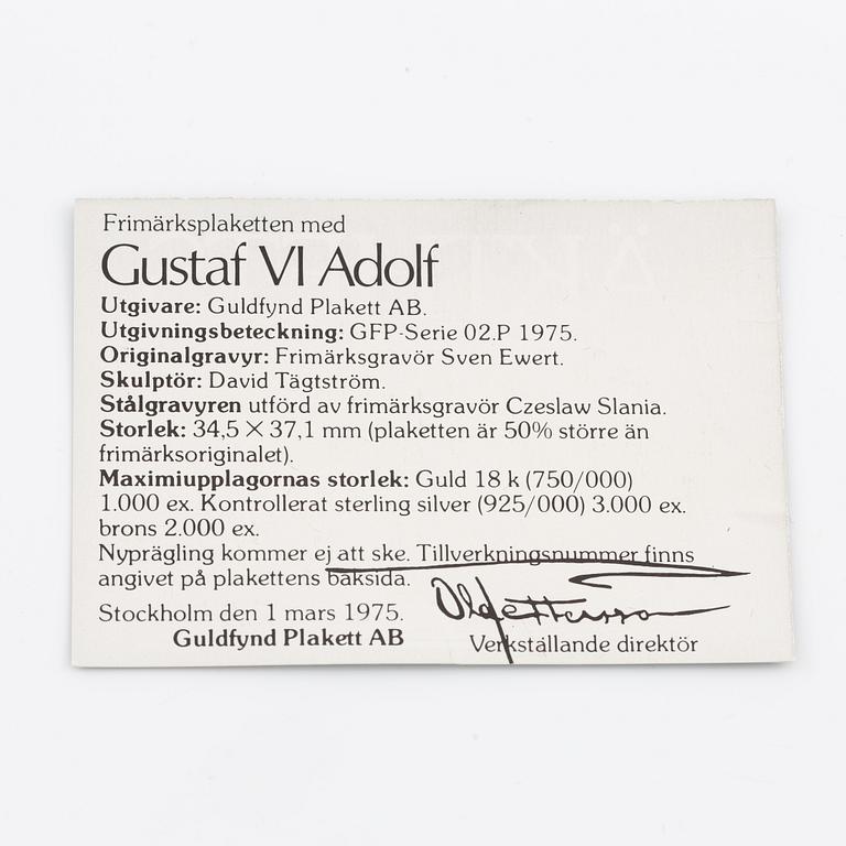 Plaque, 18K gold, numbered 372/1000, 1975, weight approx. 27 g.