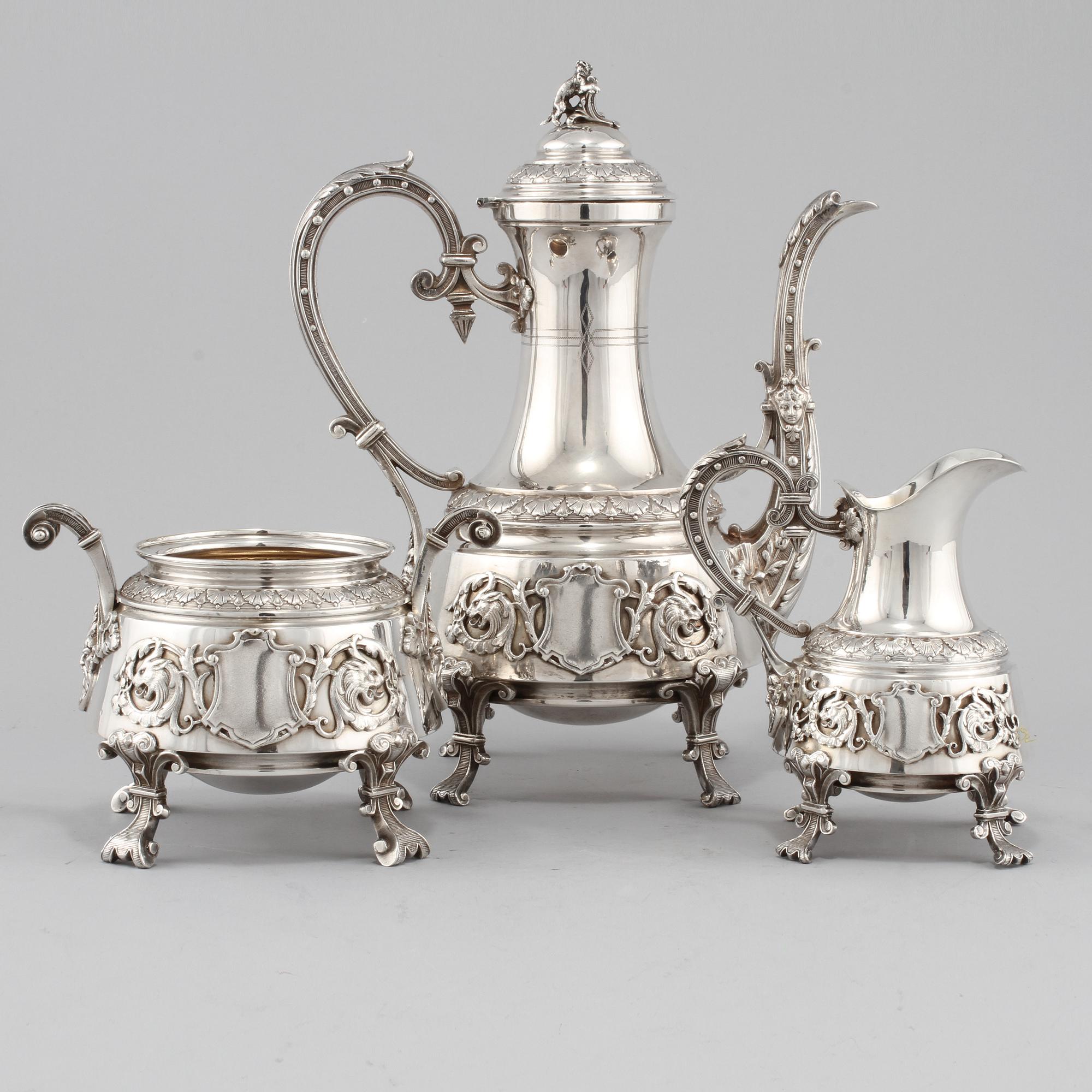 KAFFESERVIS, 3 delar, nysilver, GAB, omkring 1900-talets mitt.