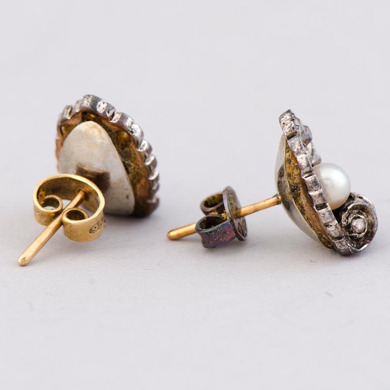 A PAIR OF EARRINGS,, old cut diamonds, cultured pearls, gold.