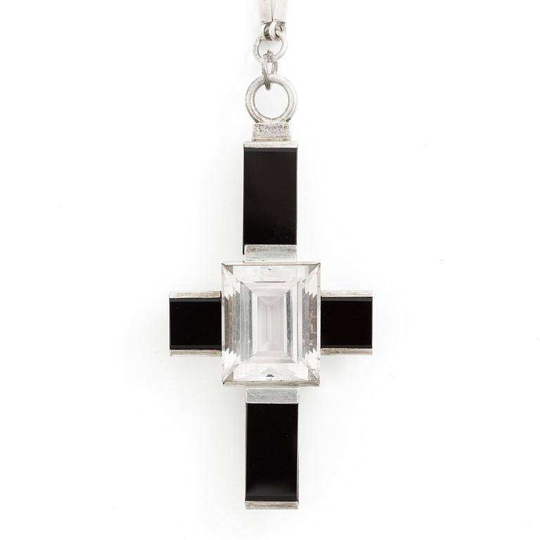 Wiwen Nilsson, a pendant in the form of a cross, sterling silver with onyx and step-cut rock crystal, Lund 1937.