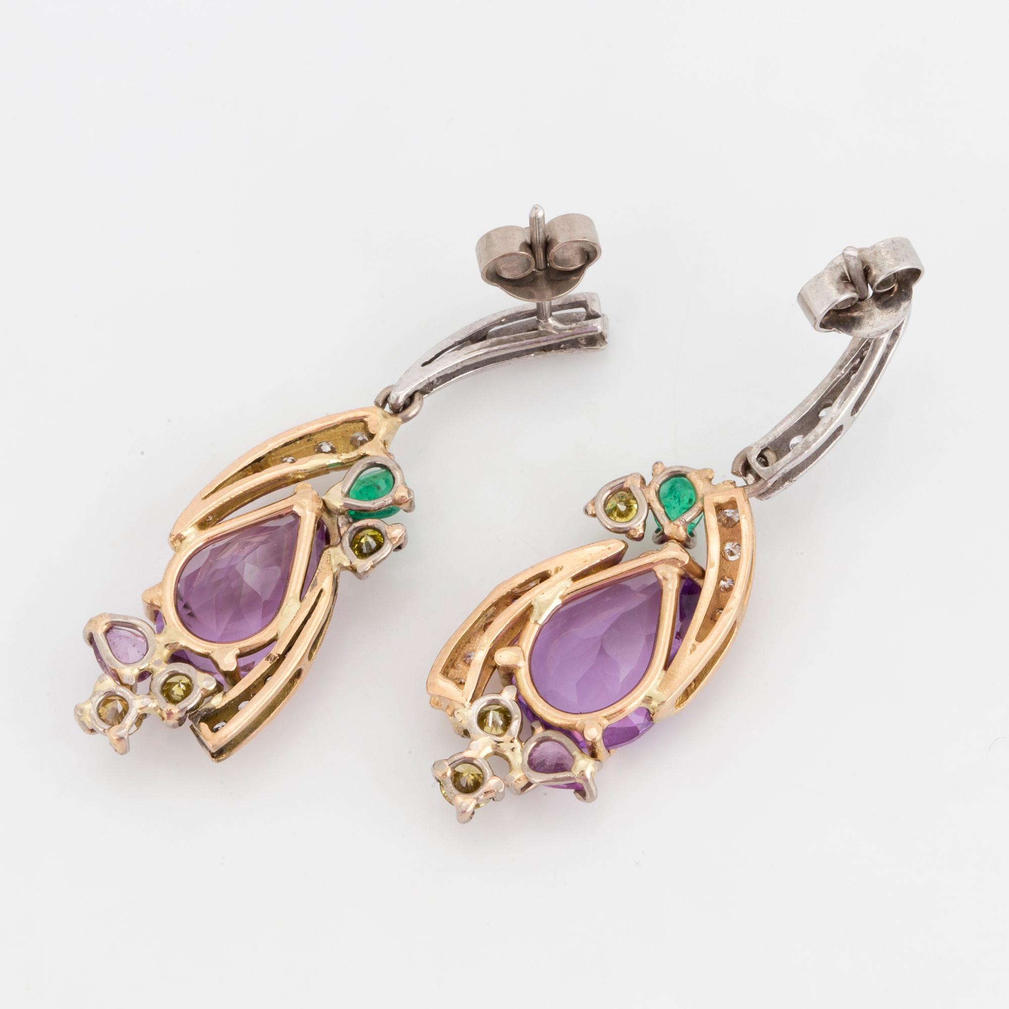 EARRINGS, 18K yellow and white gold, white and fancy coloured diamonds approx. 0.42 cts, amethyst, tourmaline & emerald.