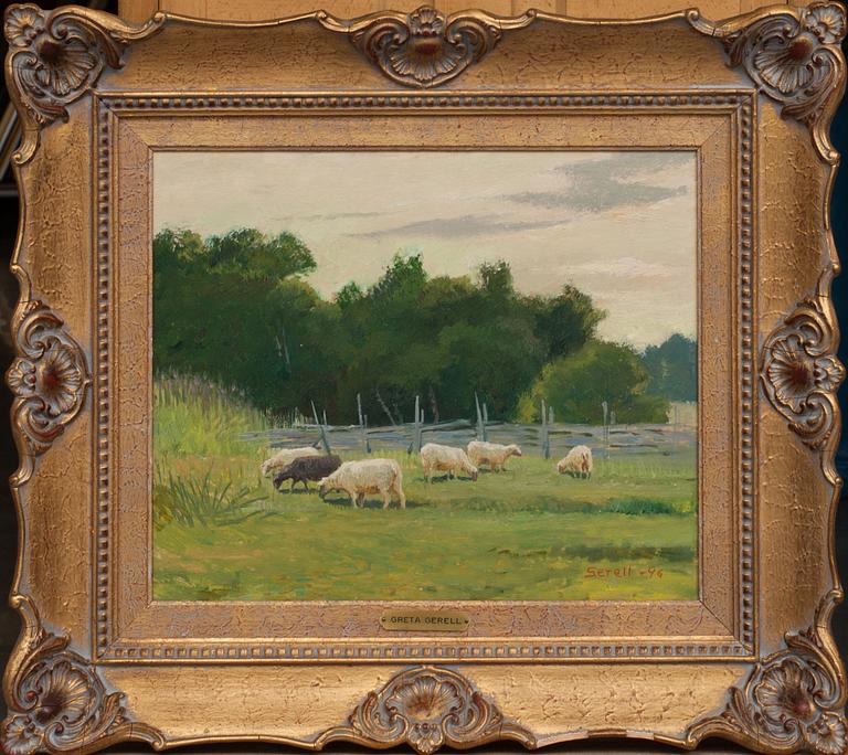 GRETA GERELL, olja på pannå. Signerad.