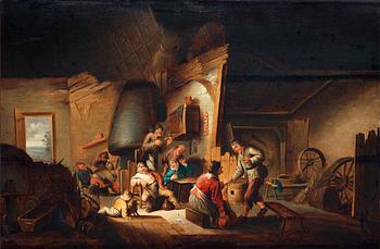 Adriaen van Ostade Follower of, Tavern interior with peasants feasting.
