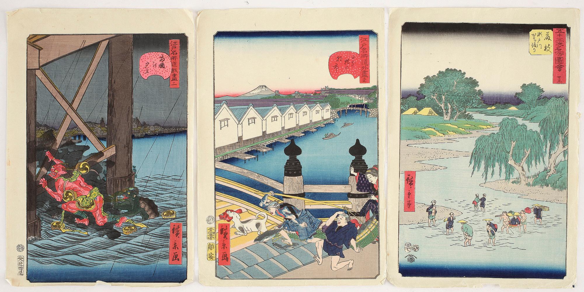 TRÄSNITT, 3 st. Japan. Hirokage samt Hiroshige, 1800-talets andra hälft.