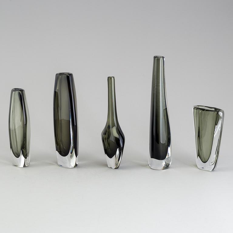 NILS LANDBERG, vaser, 5 st, Orrefors, signerade, 1900-talets mitt.
