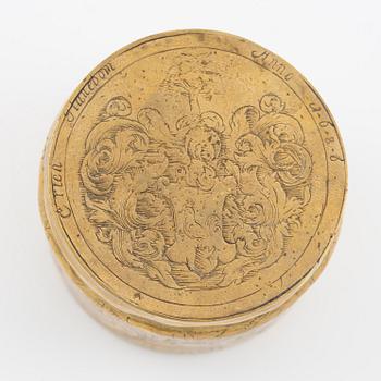 A presumably German baroque brass box, dated 1686.