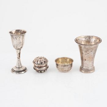 A chalice, a box, a tumbler and a beaker, silver, Sweden, second half of the 18th century to 1832..