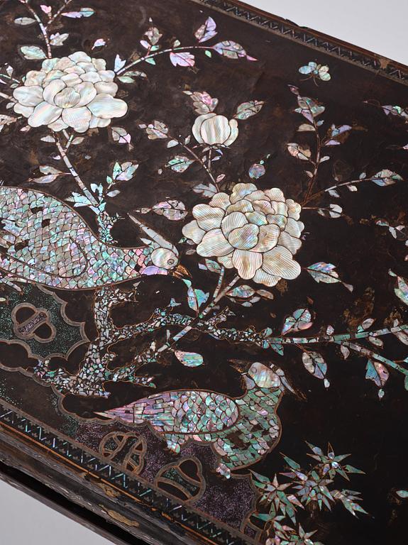 A  Chinese black lacquered altar table with mother of pearl inlay, 17th /18th Century.