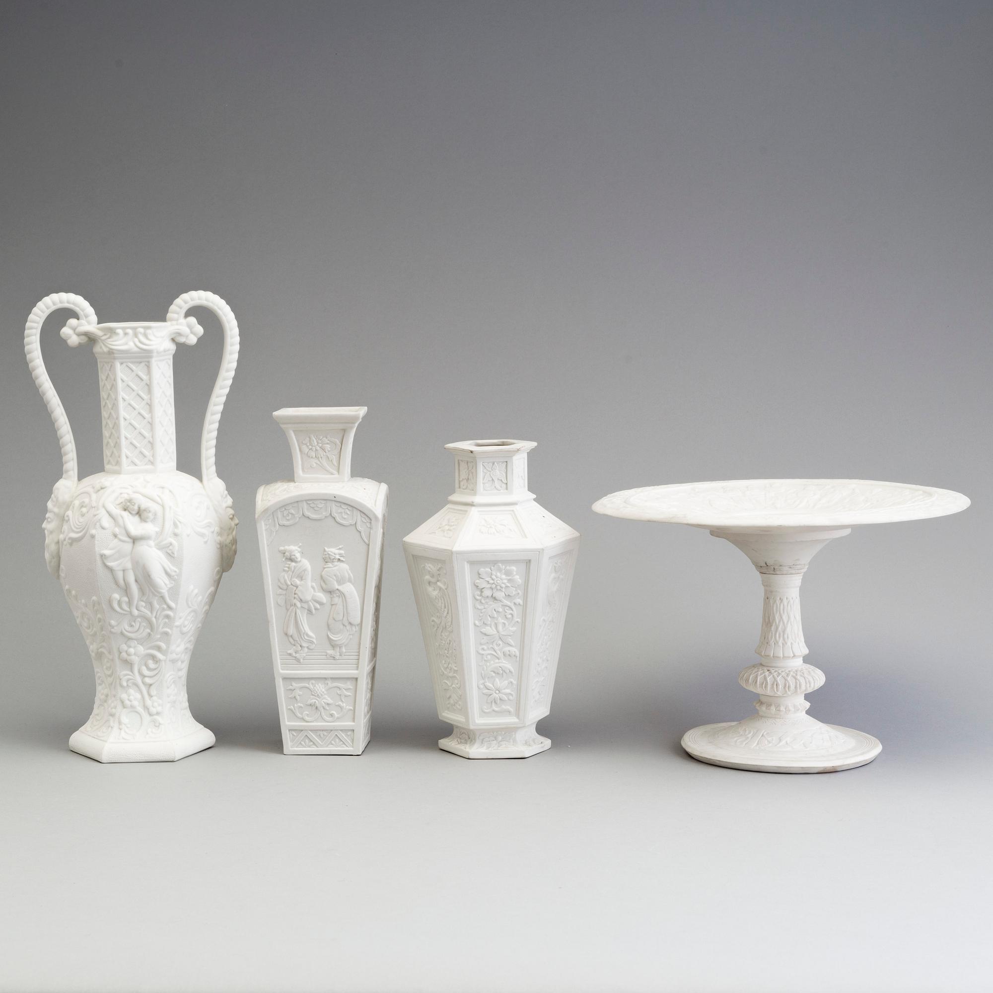 THREE PARIAN VASES AND A TAZZA, Gustafsberg and Rörstrand, ca 1900.