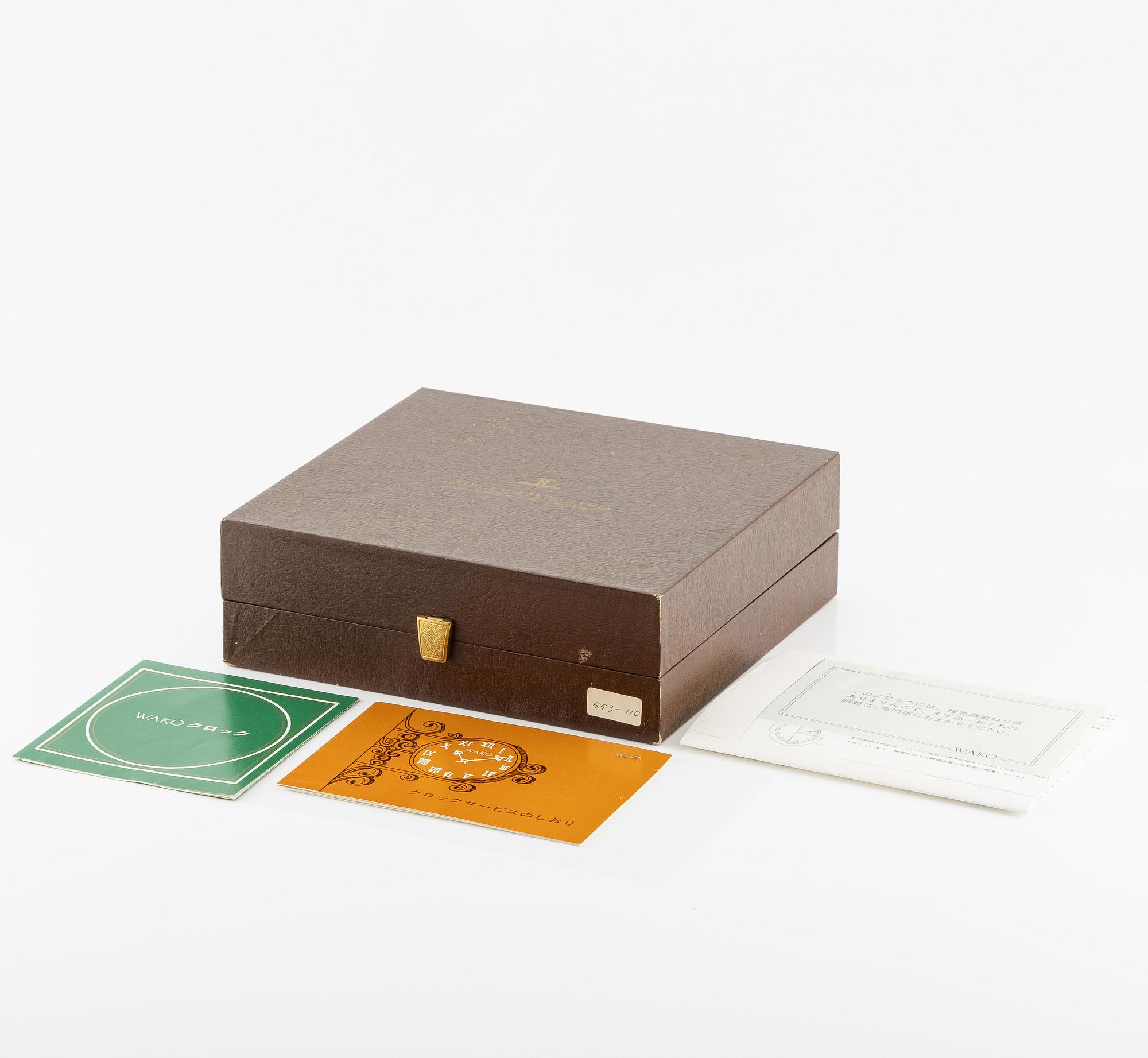 Jaeger-LeCoultre, "Double Signed Wako", table clock, 15 x 15.5 x 3 (4.5) cm.