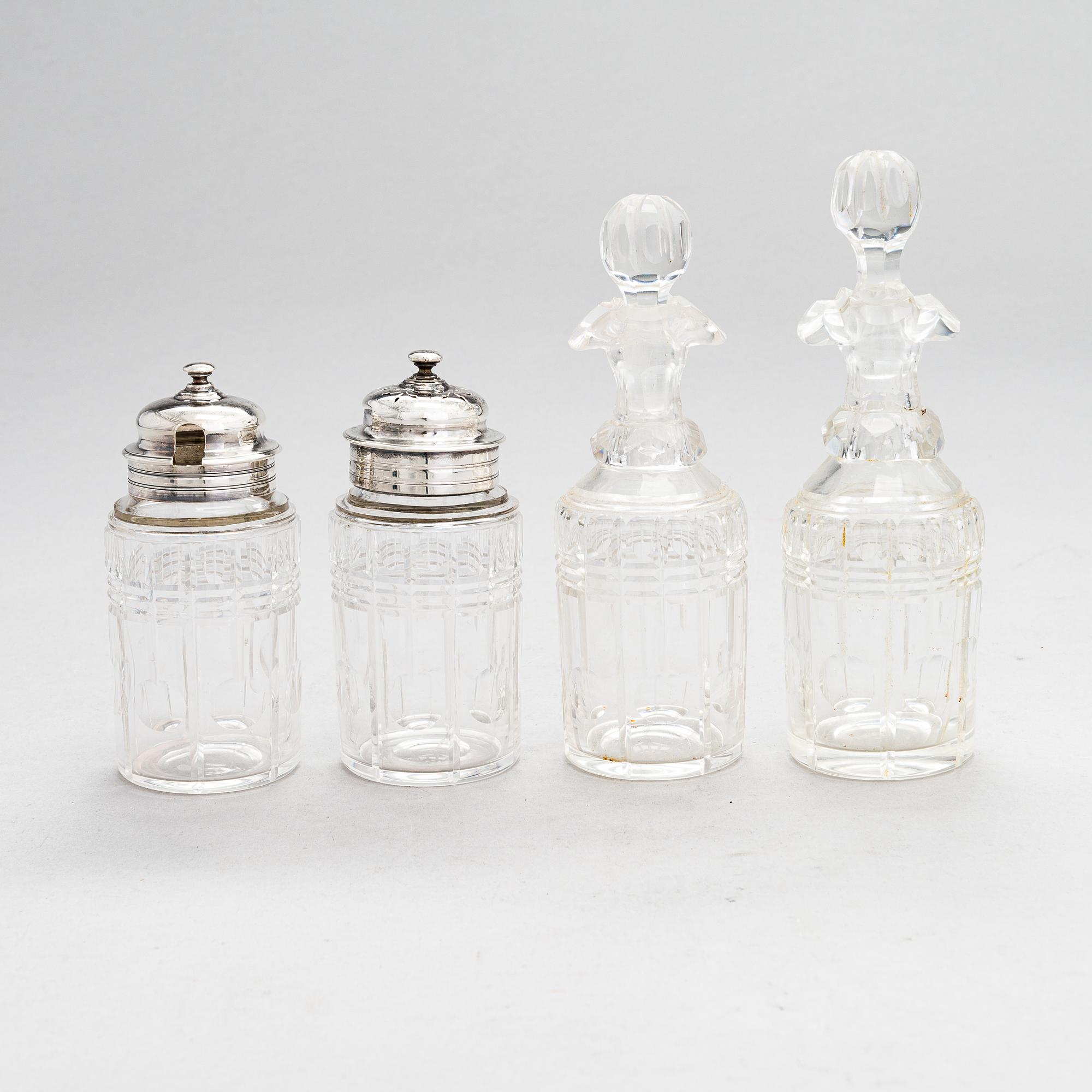 Glass and sterling silver cruet stand, maker's marks of Samuel Hennell and Robert Hennell III, London 1811 and 1879.