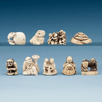 1437. A set of nine Japanese bone and ivory netsukes, Meiji period, circa 1900.
