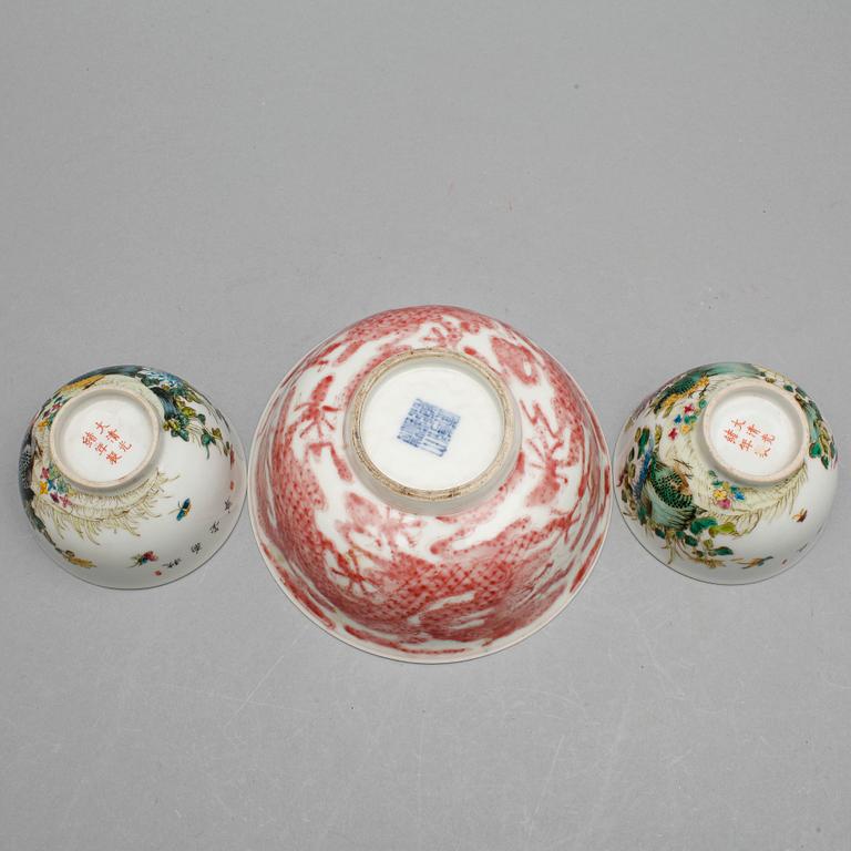 PARTI SKÅLAR, 3st, Kina, sent 1800-tal resp. modern tillverkning.