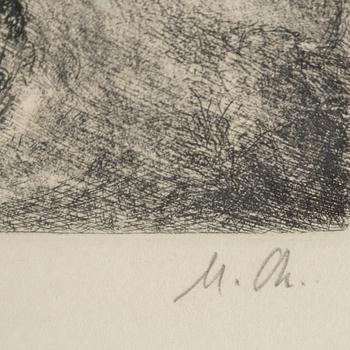MARC CHAGALL, Etching with hand coloring, 1931-39,  signed and numbered 75/100.