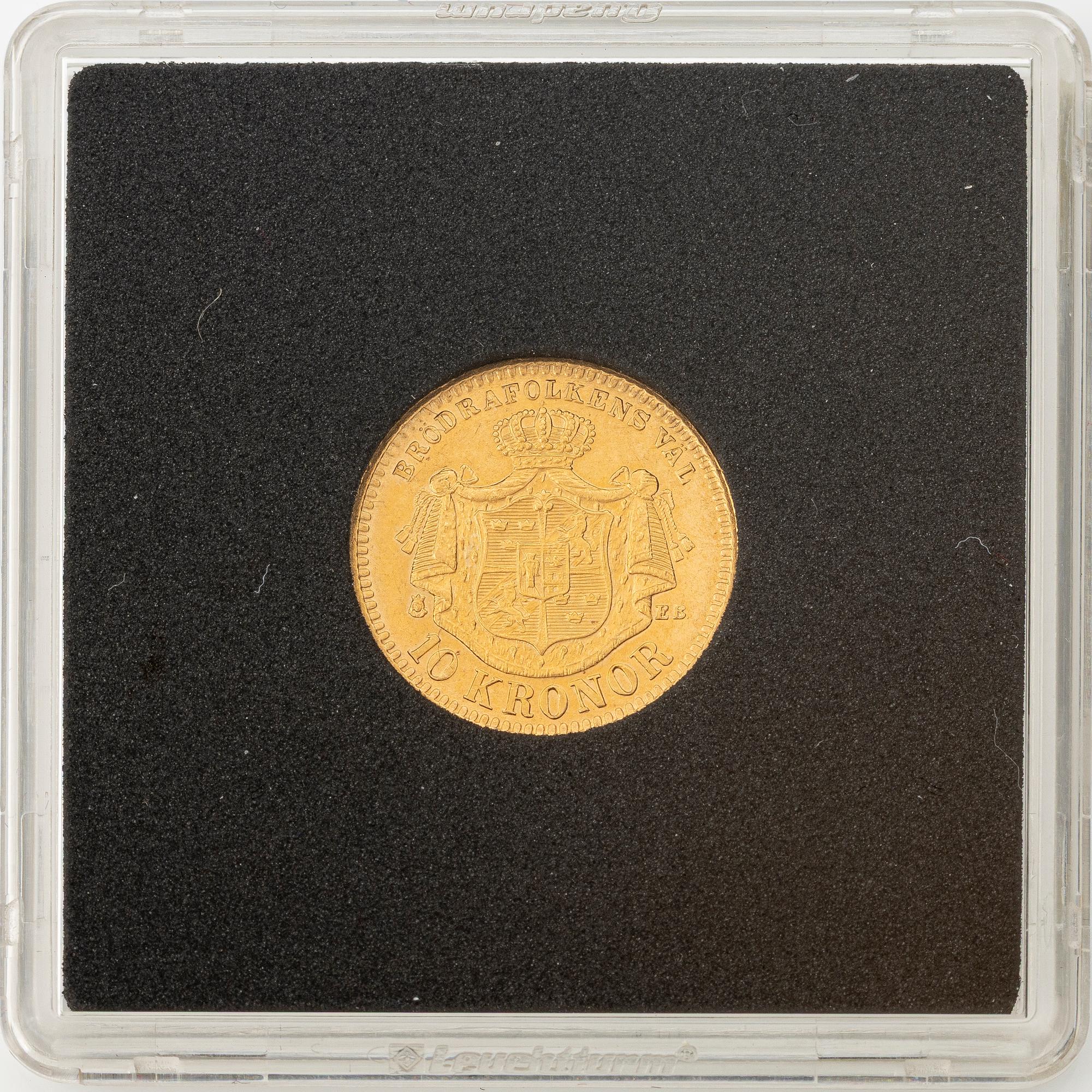 Gold coin, Oscar II, 10 kronor, type II, Sweden 1883.