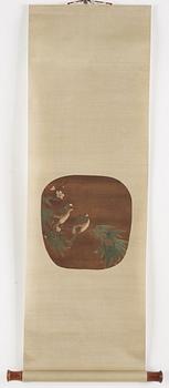 A Chinese fan painting, ink and colour on silk laid on paper, after a Song dynasty painting, Qing dynasty.