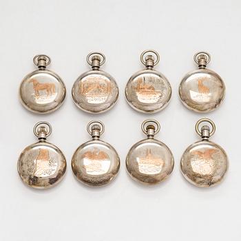 Kokoelma taskukelloja, 16 kpl, hopeaa.