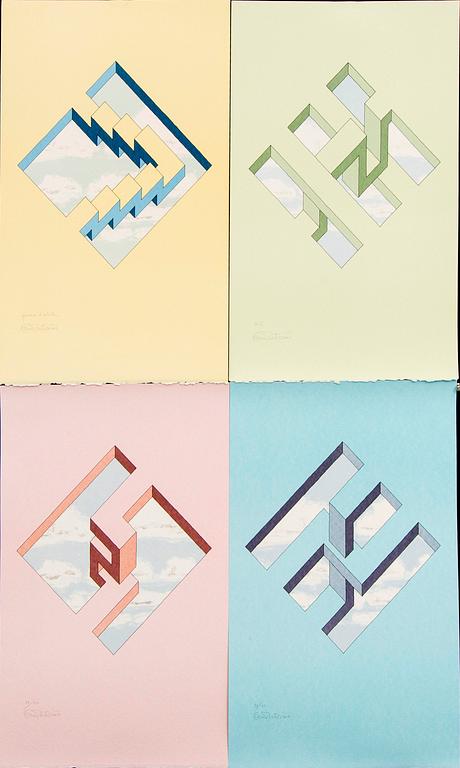 Oscar Reutersvärd, Oscar Reutersvärd, four color lithographs, signed 26/120, 38/120, HC and EA.