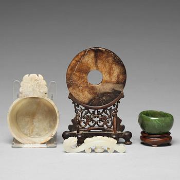 A group of four nephrite objects, Qing dynasty or older.