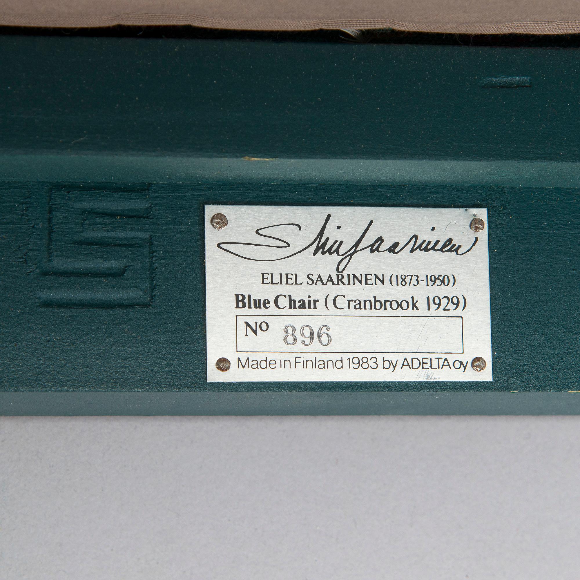 Eliel Saarinen, a pair of 'The Blue Chair' armchairs for Adelta Finland 1980s.