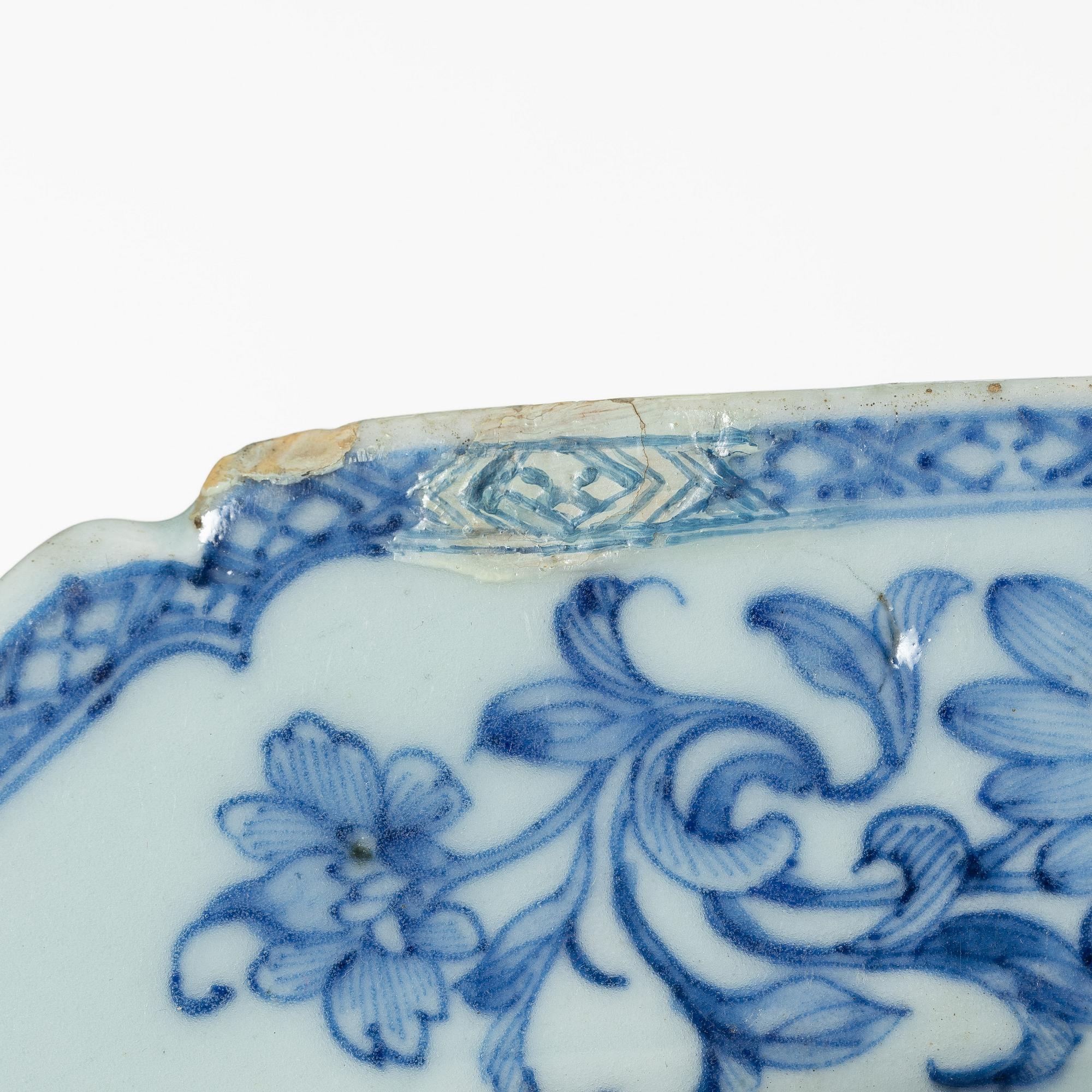 A group of three Chinese blue and white porcelain serving dishes and five dessert plates, Qing dynasty, Qianlong(1736-95.