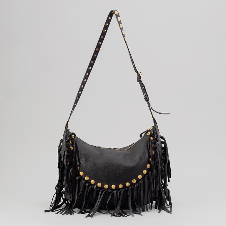 Valentino, a black leather hobo bag.