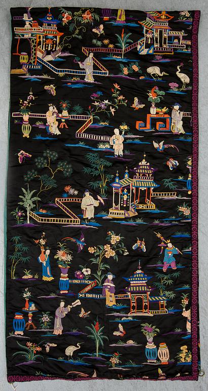 Three Chinese textiles, silk and cotton, 20th century.