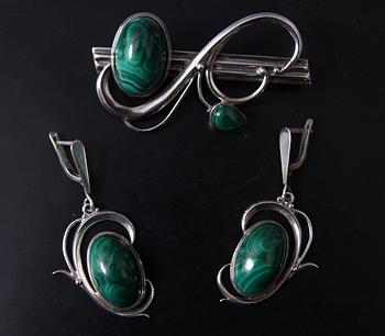 GARNITYR, 3 delar, silver och malakit.